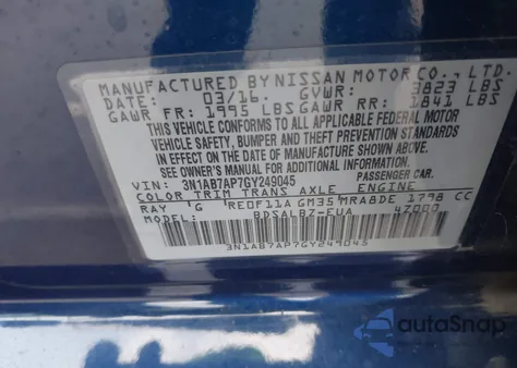 2016 Nissan Sentra S из США, поврежденный, VIN 3N1AB7AP7GY249045